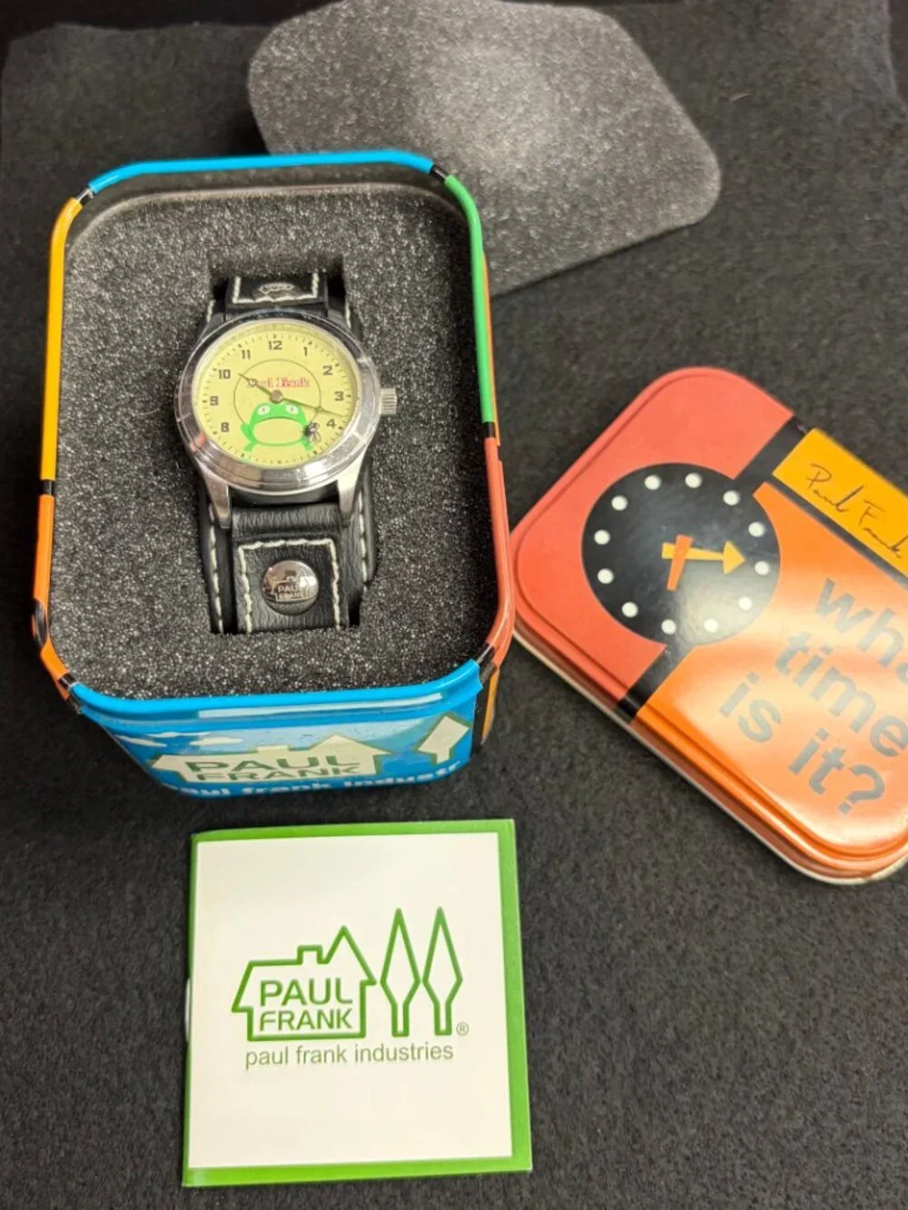 Vintage Paul Frank Frog & Fly Watch Leather Cuff Original Tin Box Y2K
